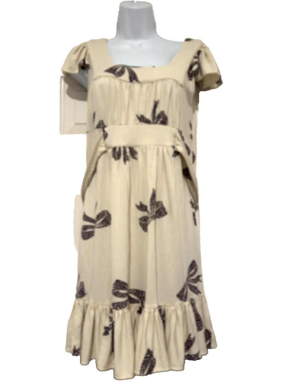 Betsy‎ Johnson dress sz S ivory bows flutter short sleeve ruffle stretchy #3387
